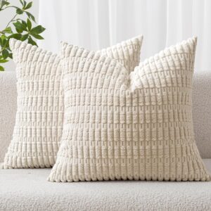 MIULEE Corduroy Decorative Throw Pillow Covers 18x18 Cream White 18" x 18" (Pack of 2)